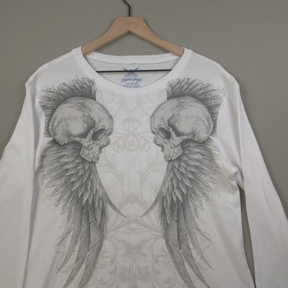 Faded Glory Mens Large White Waffle Knit Thermal Skull Wings Long Sleeve Tee Y2K
